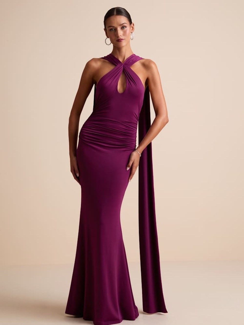 Noretta Plum or Black Jersey Knit Keyhole Cutout Sash
Maxi Dress